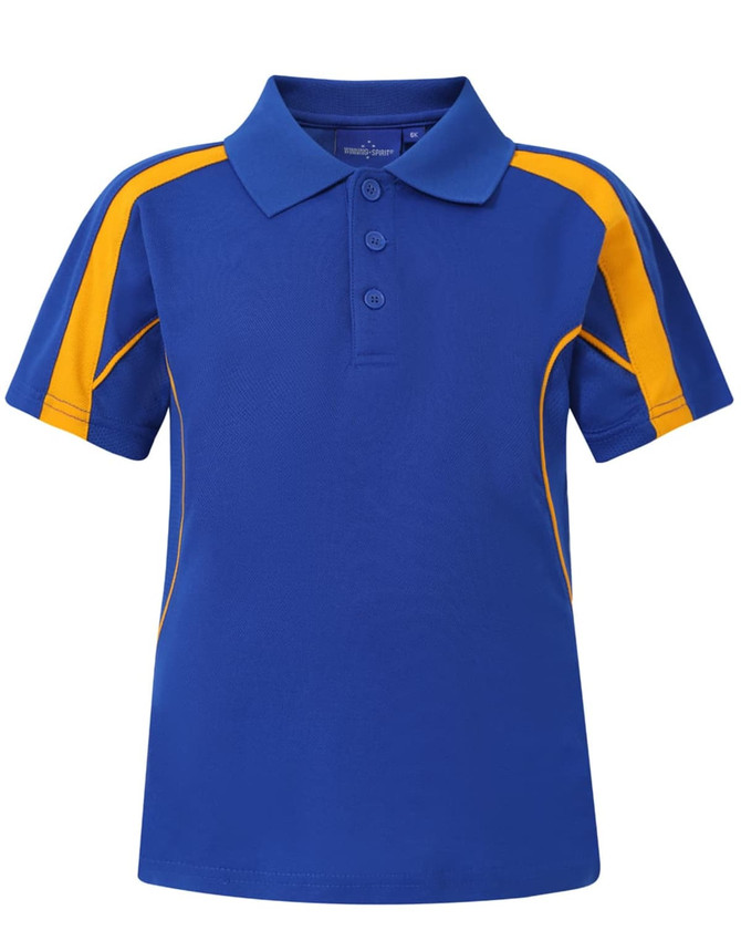 A blue polo shirt with yellow accents and a three-button placket, featuring a branding logo on the chest.