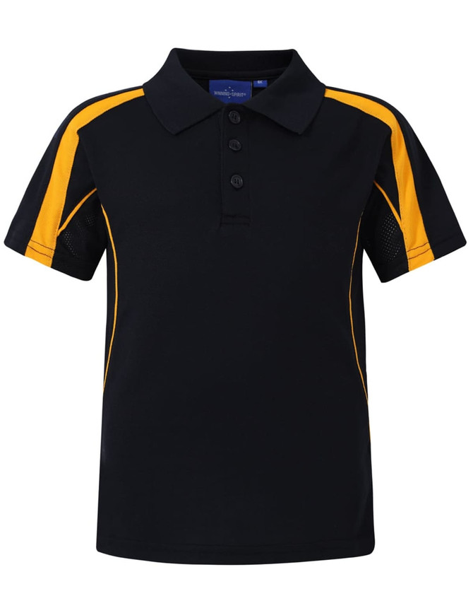 A black kids' polo shirt with yellow accents, featuring a collar and buttons, and includes a logo.