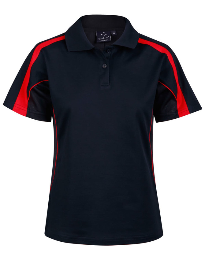 A black polo shirt with red accents, featuring short sleeves and a collar. It has a logo on the chest area.
