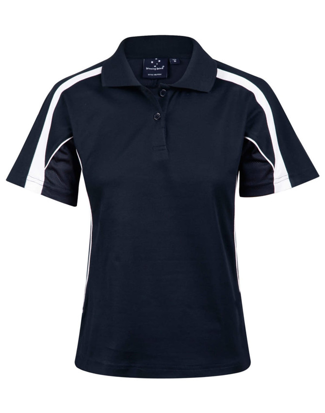 A navy blue polo shirt with short sleeves, featuring contrasting white side panels and a logo.