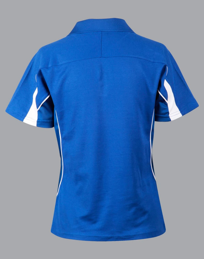 A blue polo shirt featuring white accents and a logo on the back. Short sleeves and a classic collar design.