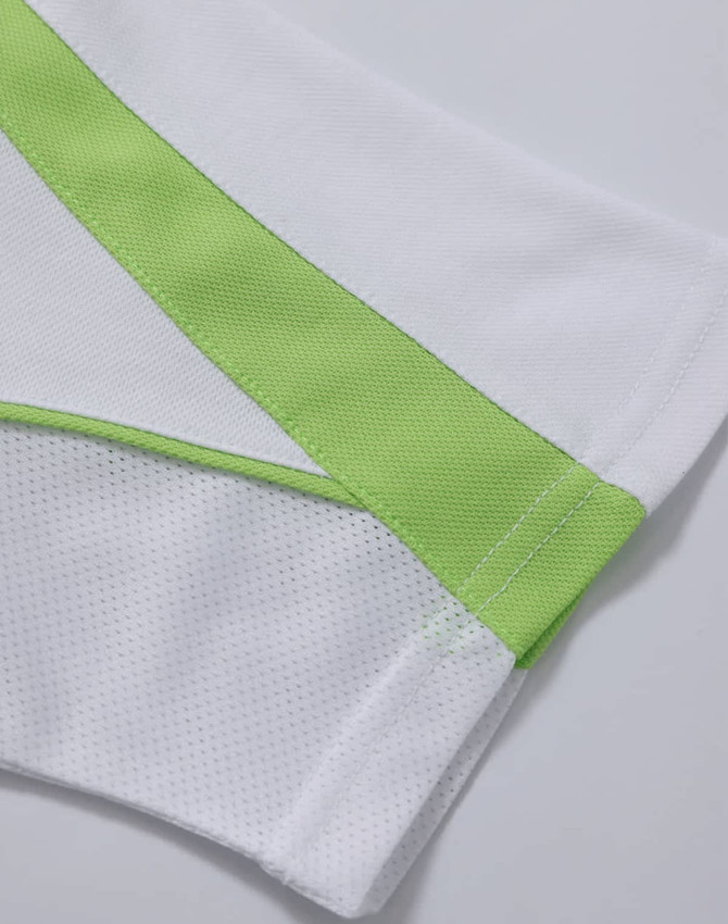 A close-up of a white polo shirt featuring green stripes, made from lightweight breathable fabric.