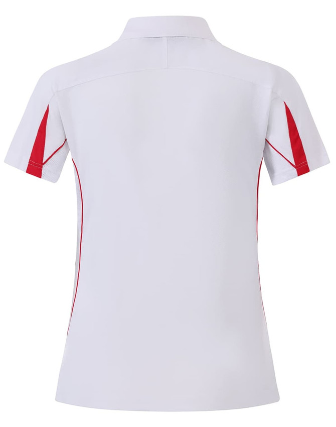 A white polo shirt with red accents and a logo, featuring a short sleeve and a classic collar design.