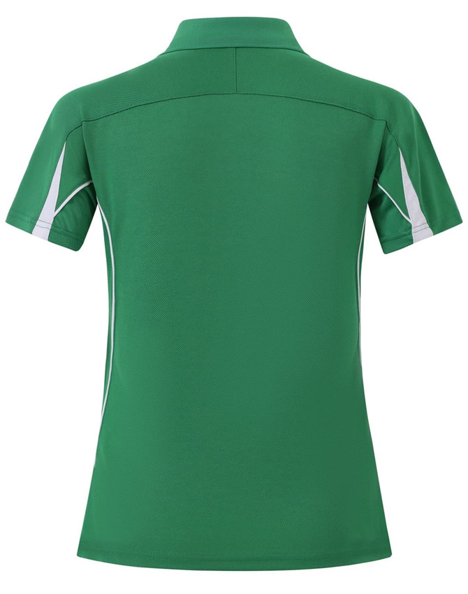 A green short sleeve polo shirt with white detailing and a collar, featuring a logo on the back.
