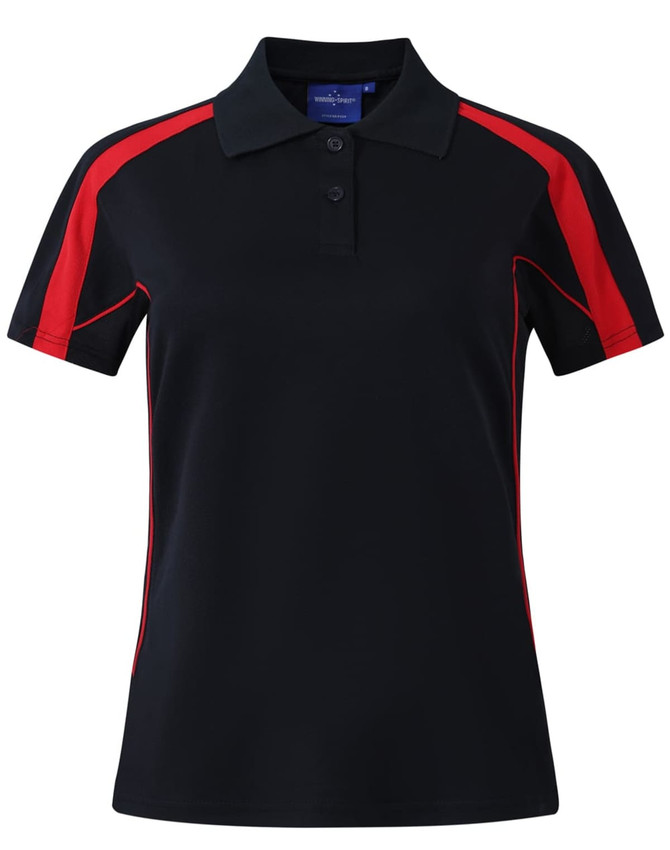 A black polo shirt with red accents, featuring short sleeves and a collar. It has a logo on the chest area.