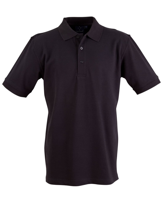 A black polo shirt with a collar and buttons, featuring short sleeves and a logo.