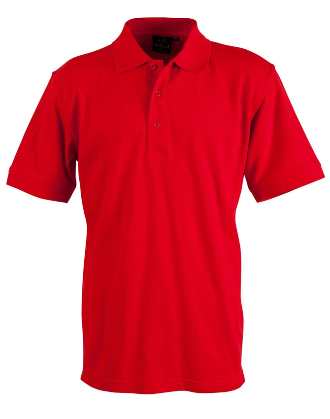 A red polo shirt featuring a collar, short sleeves, and a logo on the chest.