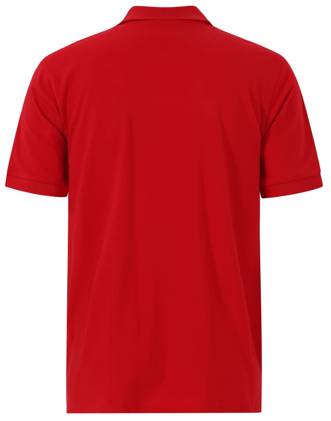 A red men's cotton stretch polo shirt with short sleeves and a collar, featuring a logo on the chest.