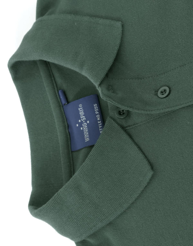 A green cotton stretch polo shirt with a classic collar and buttons, featuring a branded tag inside.