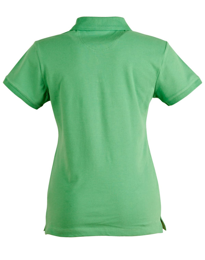 A green ladies' polo shirt featuring a collar and short sleeves, with side slits and a logo on the back.