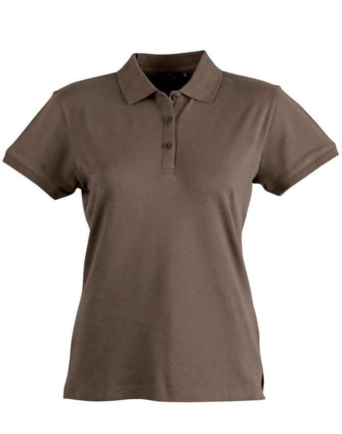 A brown ladies' polo shirt with a collar, three buttons, and short sleeves. It features a logo on the chest.