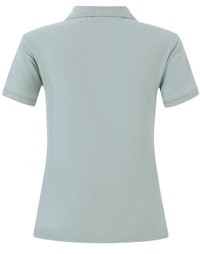 A ladies cotton stretch polo in a soft green colour, featuring a collared design and short sleeves.