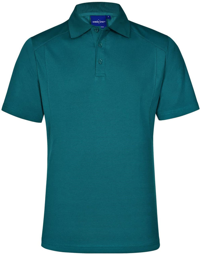 A teal polo shirt featuring a classic collar and a logo on the chest. Suitable for casual wear.
