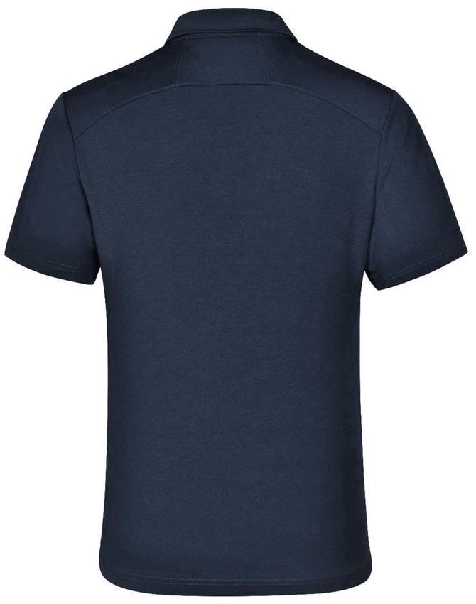 A navy blue polo shirt with a collar, featuring a logo, shown from the back.