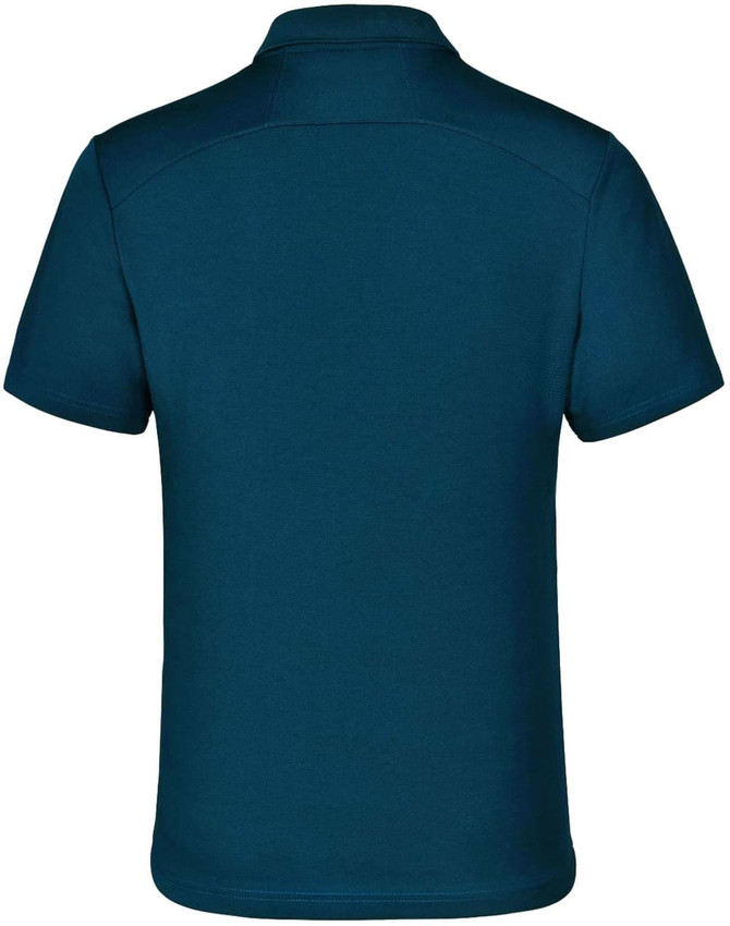 A back view of a navy blue polo shirt with a collar, featuring a logo on the side.