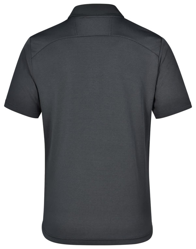 A dark grey polo shirt with a classic collar and short sleeves. Features branding on the back.