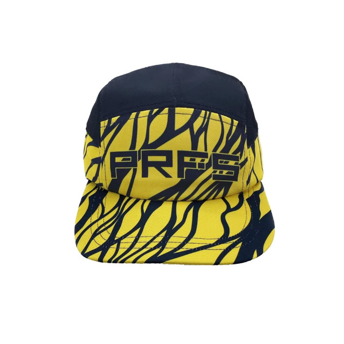 A yellow and navy cap with a bold pattern and a logo on the front, designed for sports use.