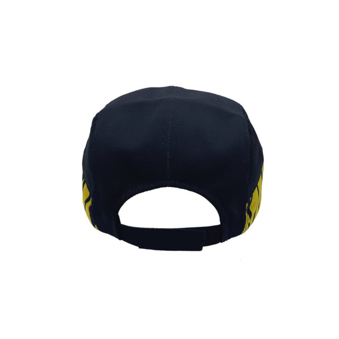 A navy blue cap featuring a yellow logo on the side and an adjustable strap at the back.
