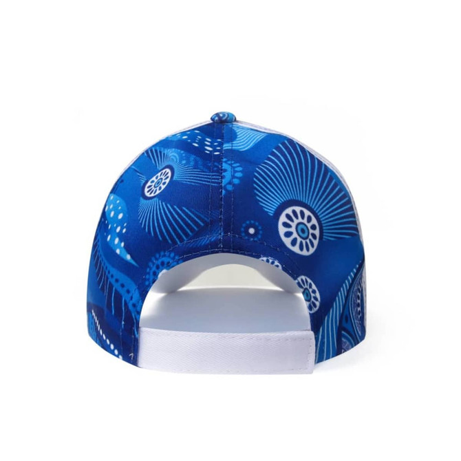 A blue sublimated sport cap with a patterned design and a white adjustable strap at the back.