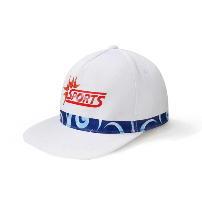 A white cap with a blue patterned band and a logo on the front. Suitable for sports and outdoor activities.