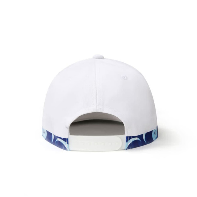 A white sport cap featuring a patterned blue underside and an adjustment strap at the back.