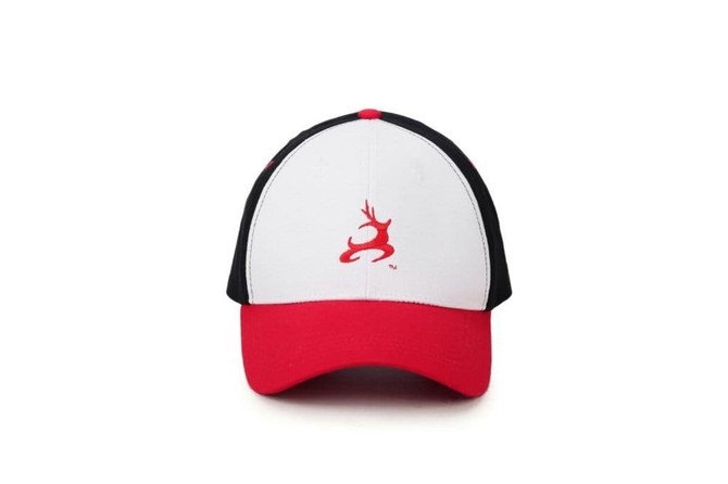 A cap featuring a white front, black sides, and a red peak, with a logo displayed on the front.