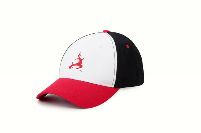 A red, white, and black sublimated sport cap with a logo on the front.