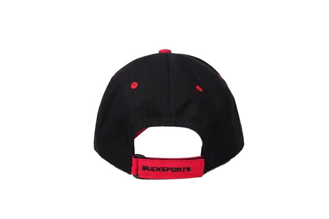 A black and red sport cap featuring a rear strap and logo. Suitable for various outdoor activities.
