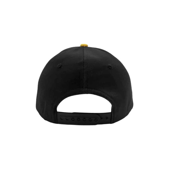 A black sport cap featuring a yellow button on top and an adjustable strap at the back. It has a logo on the side.