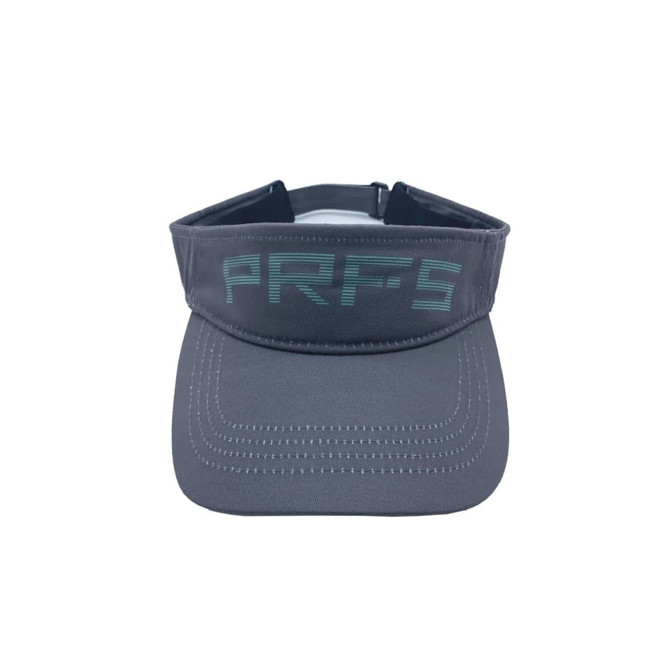 A grey sport visor featuring a front peak and a logo, designed for active use.