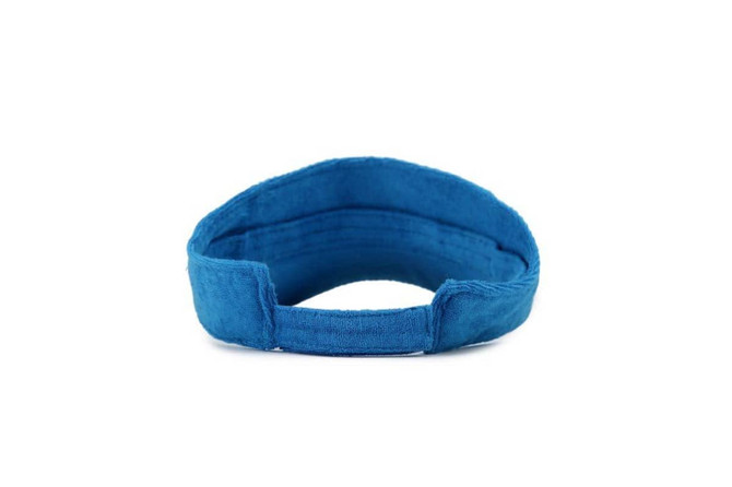 A blue soft peak visor with a comfortable, flexible design and a simple interior. Features an unadorned band.