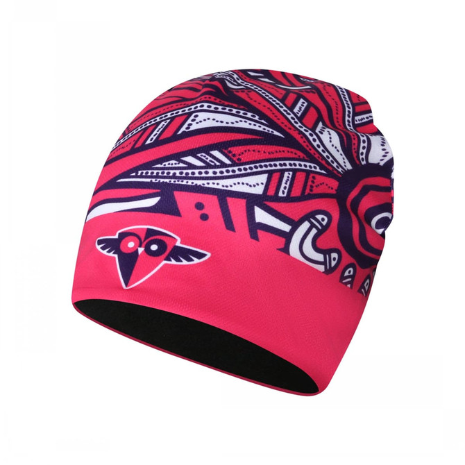 A bright pink bucket hat featuring a bold graphic design and a logo.