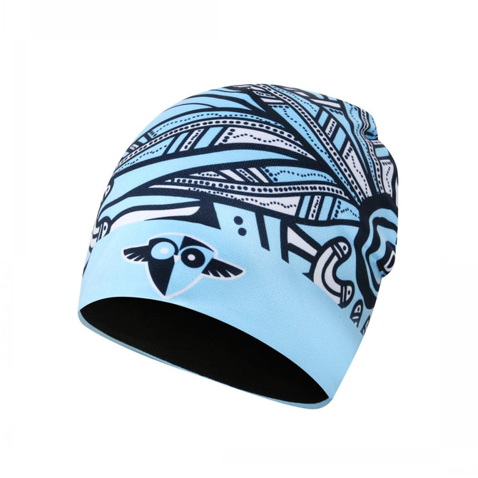 A blue sublimated bucket hat featuring a vibrant, graphic pattern and a logo on the front.