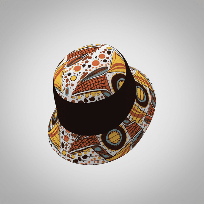 A bucket hat featuring a vibrant design with patterns in orange, brown, and multicoloured accents. It has a black band.