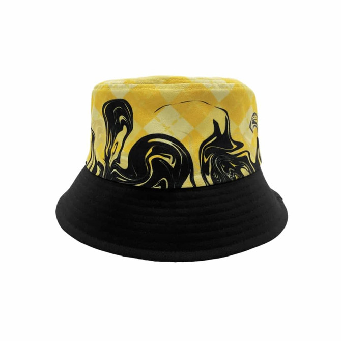 A sublimated bucket hat featuring a yellow and black abstract design with a solid black brim.