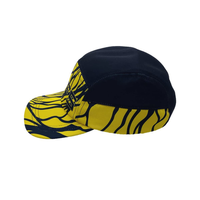 A cap featuring a yellow and black design with a logo, showcasing a sporty and vibrant style.