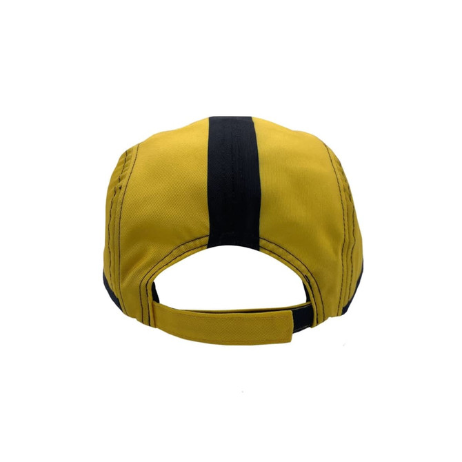 A yellow and black cap with a curved brim and an adjustable strap at the back, featuring a logo.