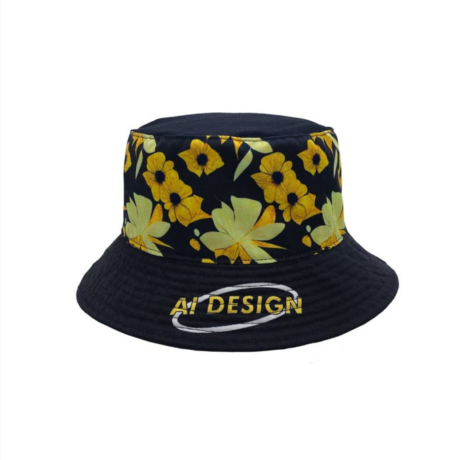 A black bucket hat featuring a floral pattern in yellow and green with a logo on the front.