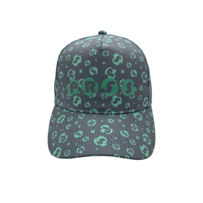 A grey and green cap with a patterned design and a logo on the front.