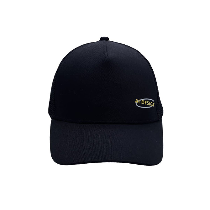 A black soft cap with mesh sides and a logo on the front.