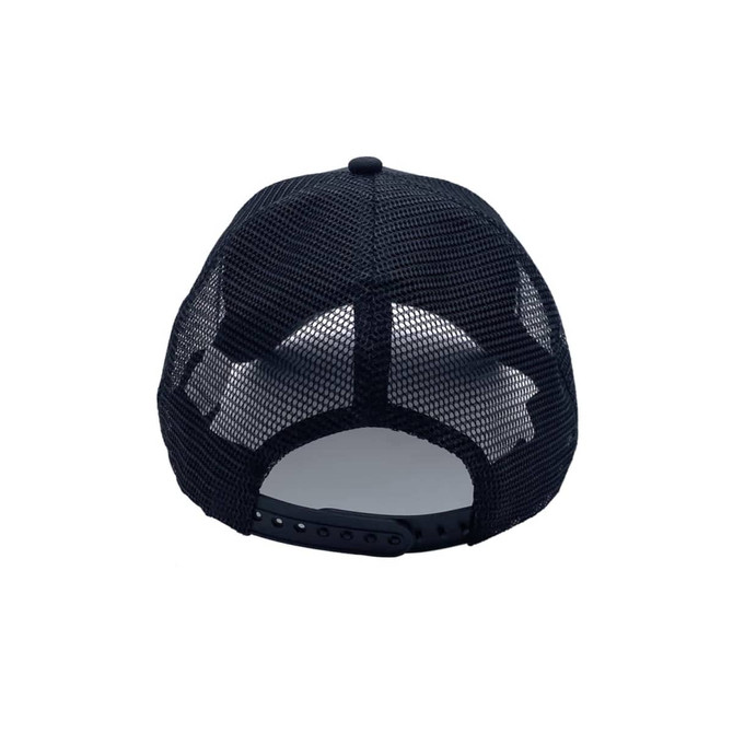A navy blue cap with a mesh back and an adjustable strap. Features a logo on the back.