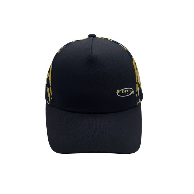 A black cap with a patterned design and logo on the front, featuring a curved brim and a structured silhouette.
