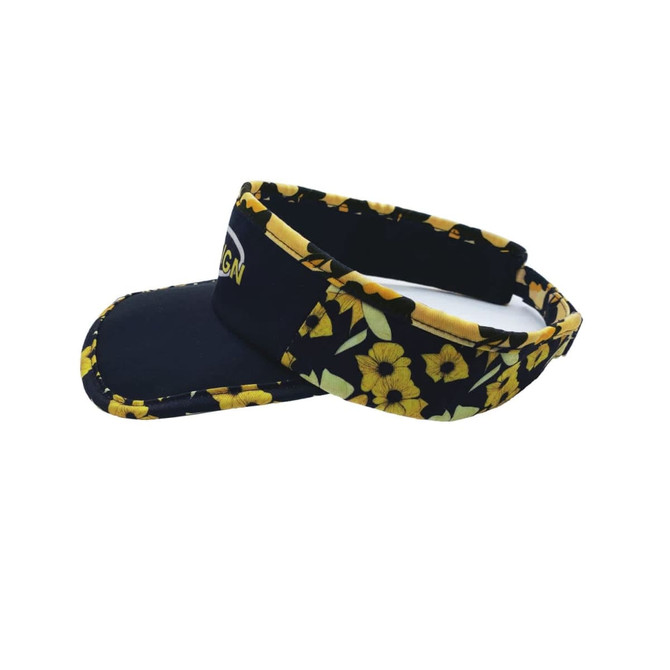 A black visor cap featuring a yellow floral pattern and an adjustable band. It includes a logo on the front.