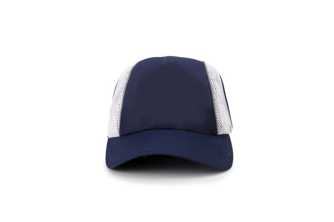 A navy blue running cap with mesh panels and a curved brim, featuring a logo on the front.