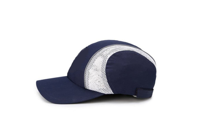 A navy sport mesh running cap featuring a white mesh panel and a structured brim. It includes a logo on the side.