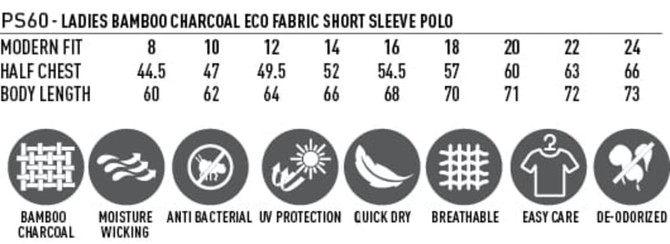 A table detailing the sizes and features of a ladies' bamboo charcoal polo shirt, including measurements and fabric properties.