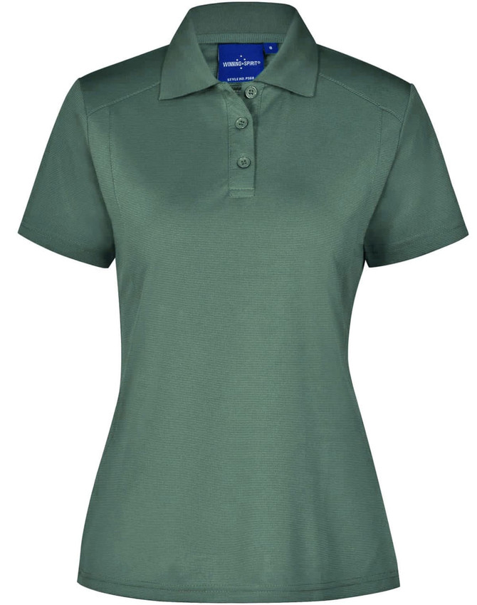 A green women's polo shirt with a collar and three buttons, featuring a logo on the upper section.