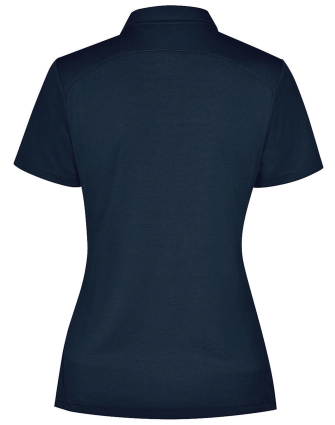 A navy blue ladies' polo shirt with a short sleeve and a collar, featuring a branding logo.