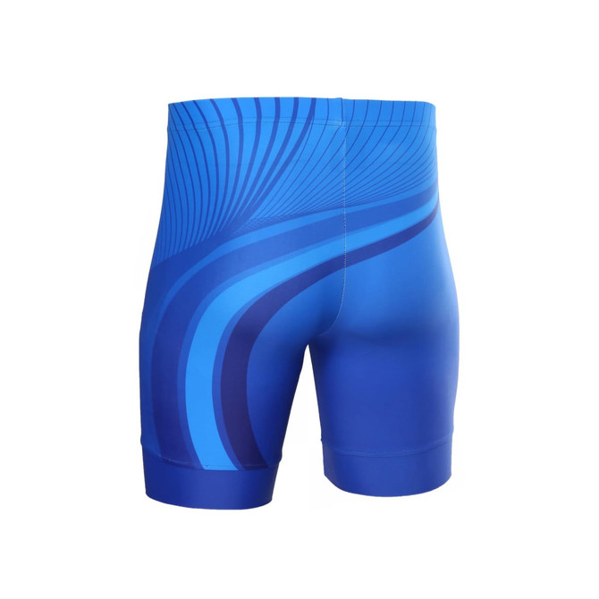 Blue shorts with a wave pattern, featuring a fitted design and a logo on the waistband.