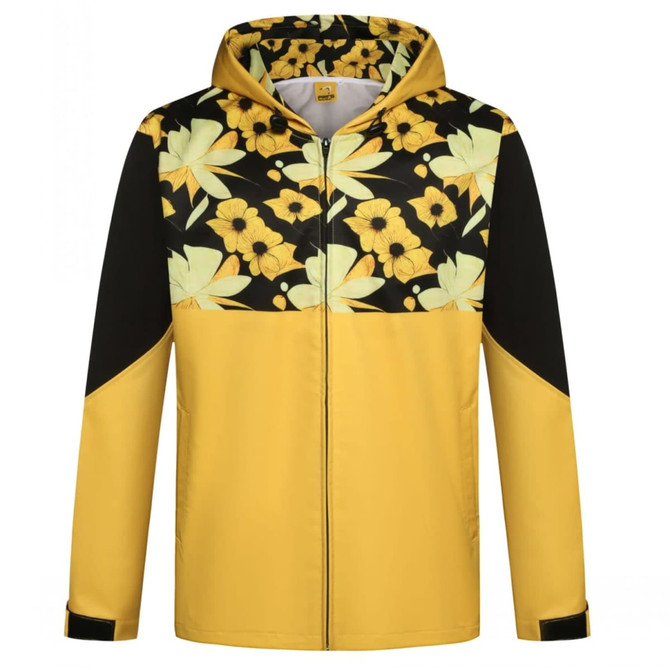 A yellow softshell jacket featuring a floral design on the hood and upper part, with black sleeves and details.